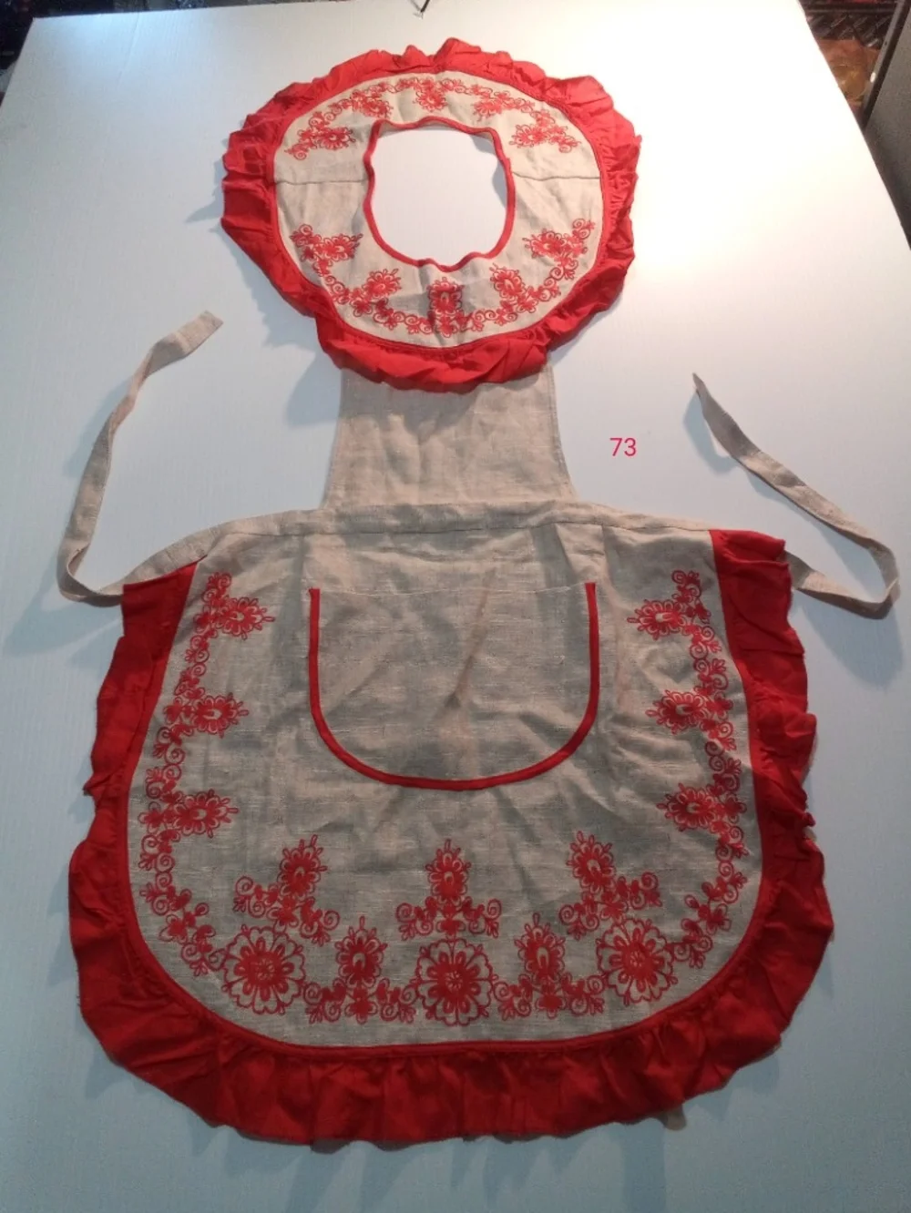 Vintage Russia 1960 Beige/Red Floral Embroidered Ruffled Bib Apron  Linen/Cotton